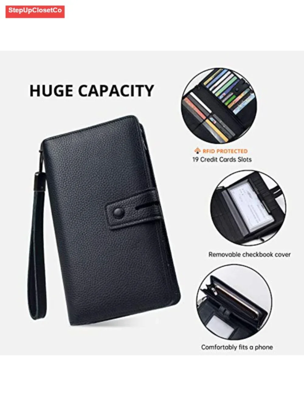 Genuine Leather RFID Blocking Wristlet Wallet Organizer with Removable